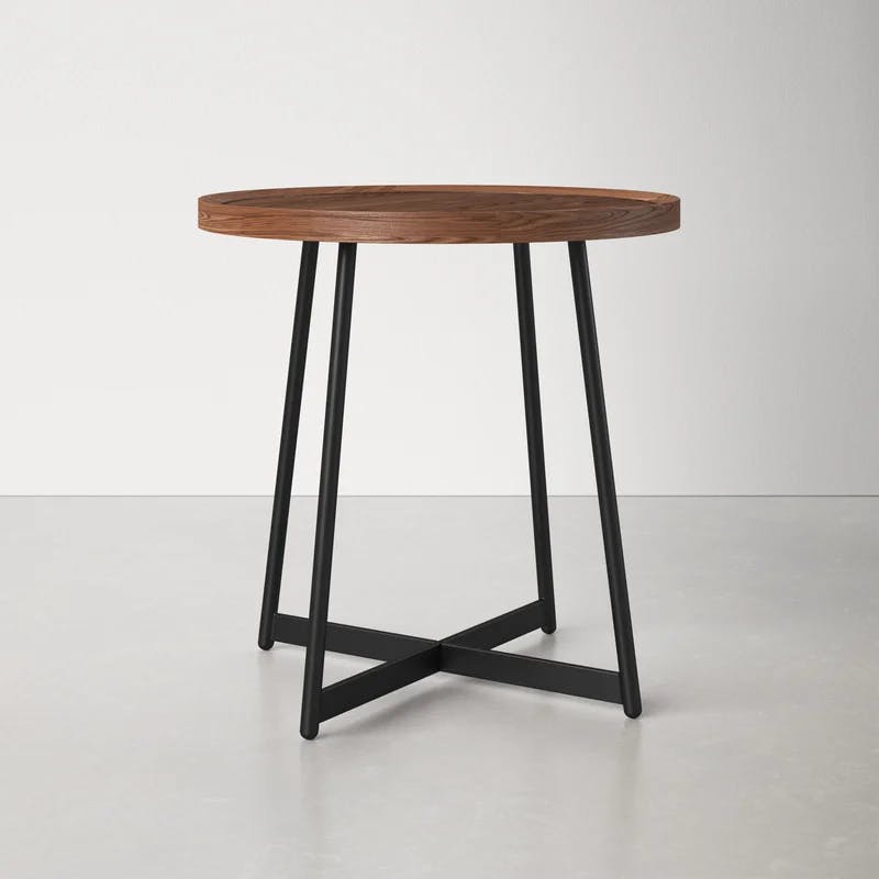 Niklaus 23" Round Walnut Veneer Side Table with X-Shaped Steel Base