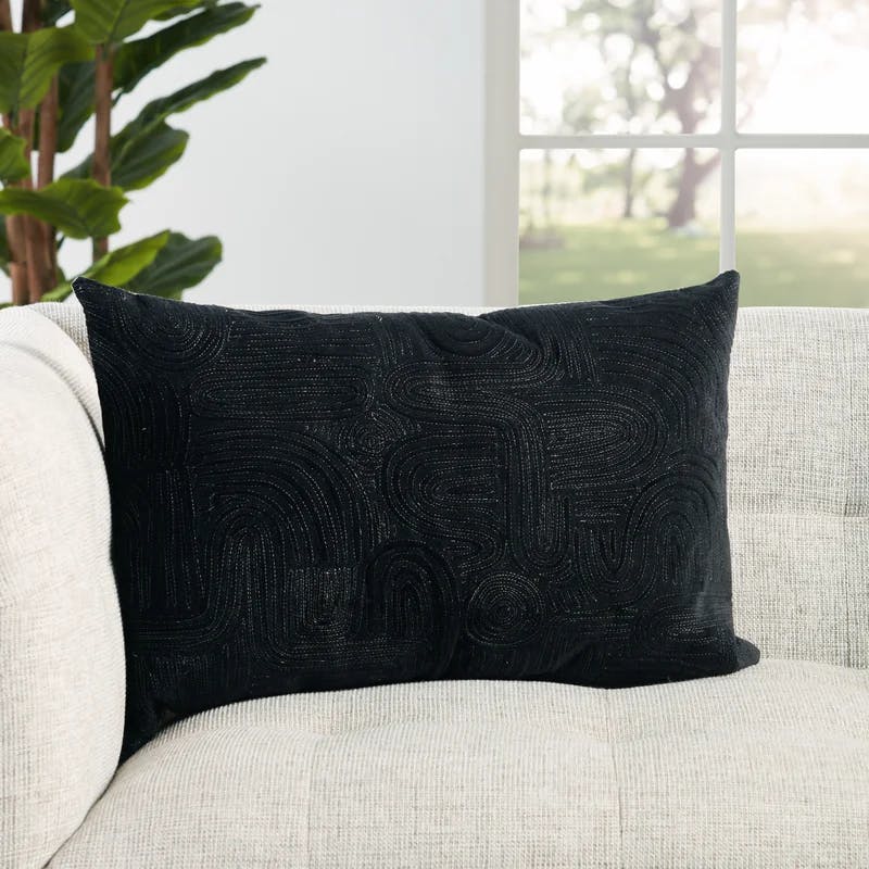 Deco Pfeiffer Black & Silver Embroidered Cotton Lumbar Pillow