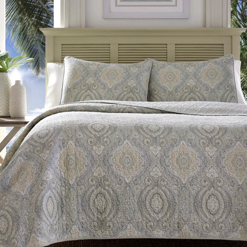 Elegant East Indies Inspired King Cotton Quilt Set in Sophisticated Gray