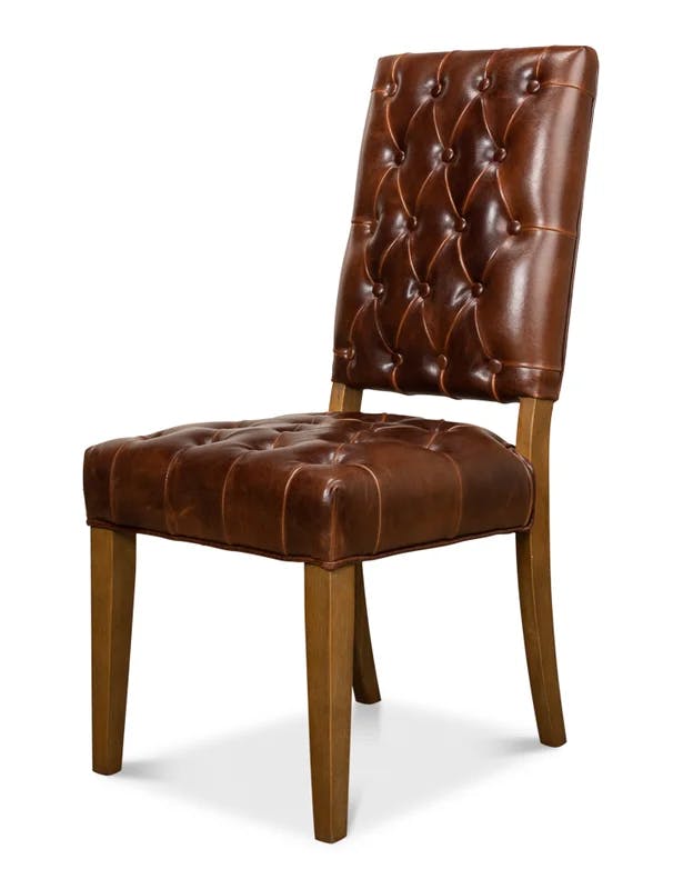 Brady Traditional Button-Tufted Leather Side Chair in Brown