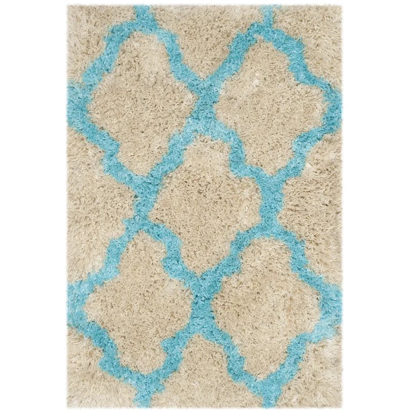 Cream and Blue Hand-Tufted Shag Rug, 3' x 5', Reversible