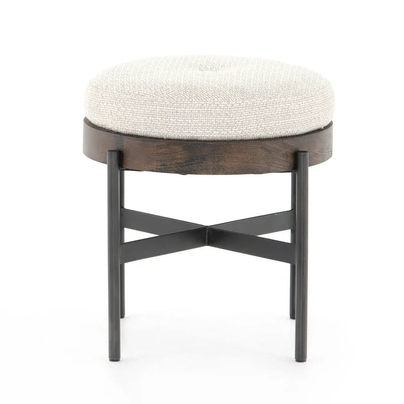 Contemporary Cream Tufted Round Ottoman with Beech Wood Top