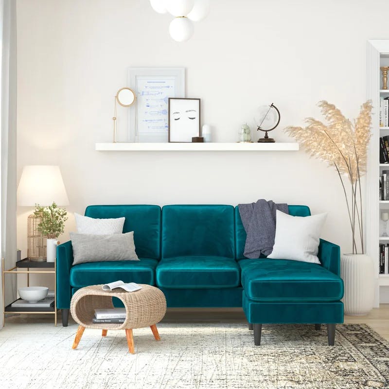 Winston Green Velvet Reversible Sectional Sofa with Ottoman