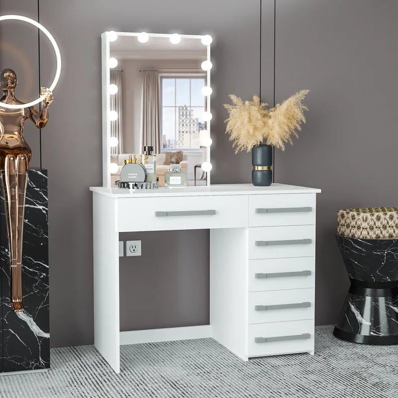 Phoebe Modern White Lighted Vanity with Hollywood Bulbs