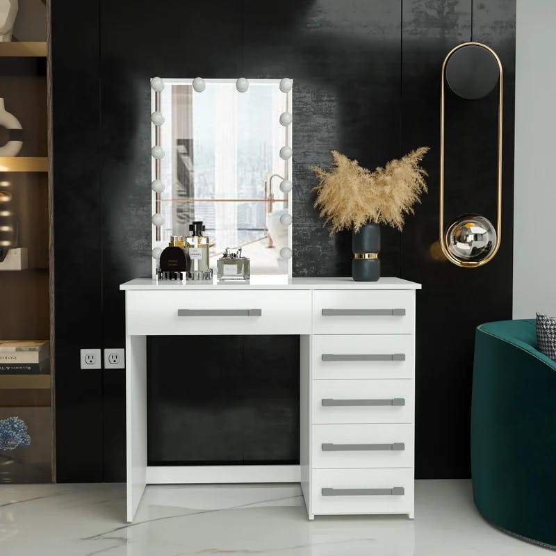 Phoebe Modern White Lighted Vanity with Hollywood Bulbs