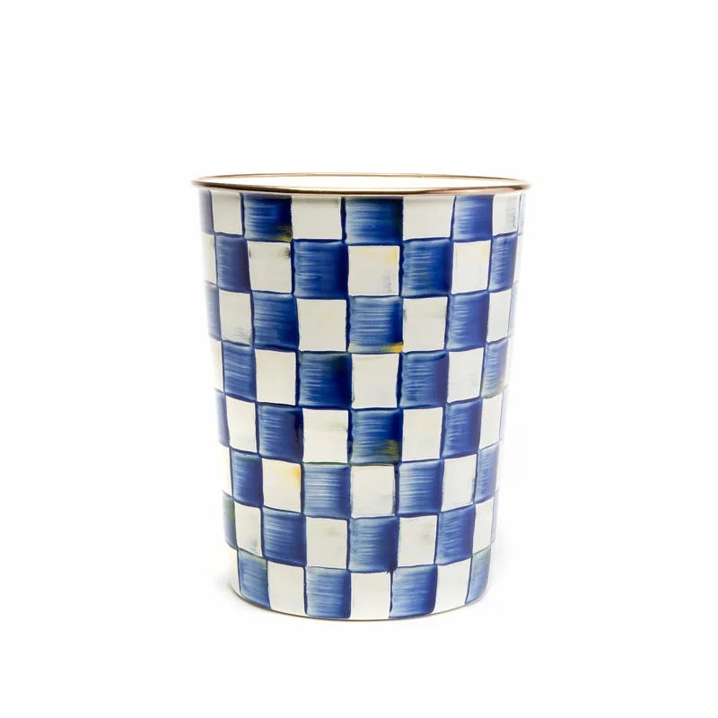 Royal Check 8"x9.5" Hand-Painted Blue Stainless Steel Waste Bin