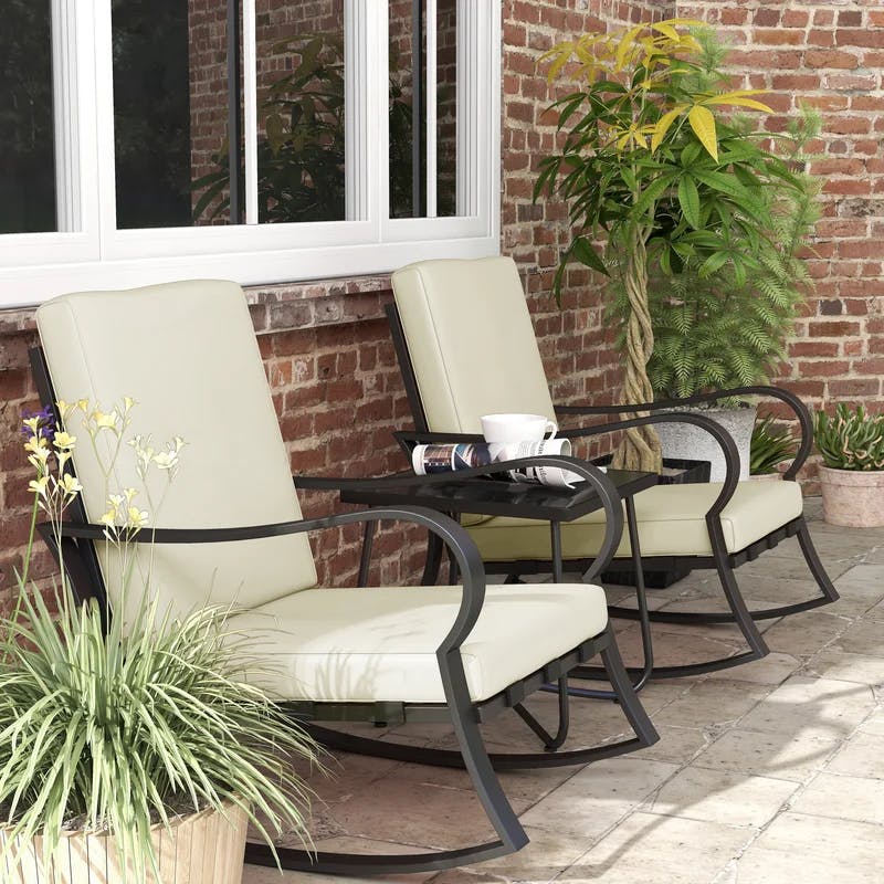 Contemporary 2-Person Outdoor Rocking Chair Set with Silk Printed Glass Table - Off White