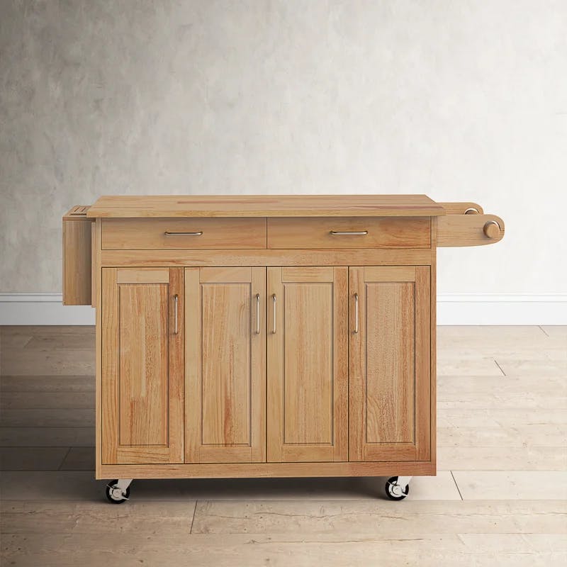 Natural Hardwood Rectangular Kitchen Cart with Adjustable Storage