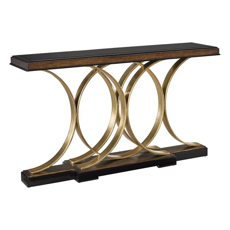 Caviar Finish Mahogany Wood and Stainless Steel Console with Glass Top