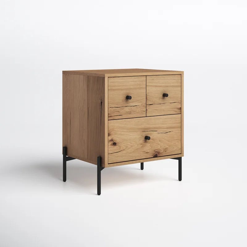 Contemporary Brown 3-Drawer Nightstand in Light Oak Finish