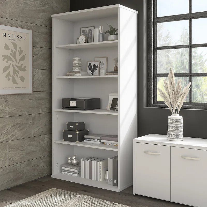 Contemporary White Adjustable 5-Shelf Bookcase - Engineered Wood