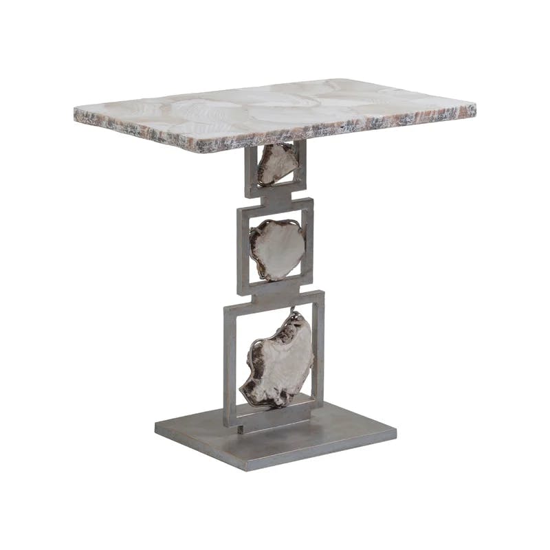 Transitional Silver Metal Rectangular Pedestal Table with Fossilized Clam Top