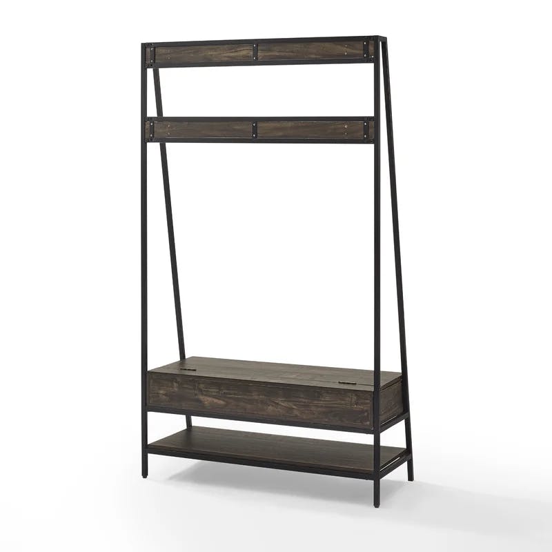 Jacobsen Industrial Brown Ash and Matte Black Hall Tree with Storage