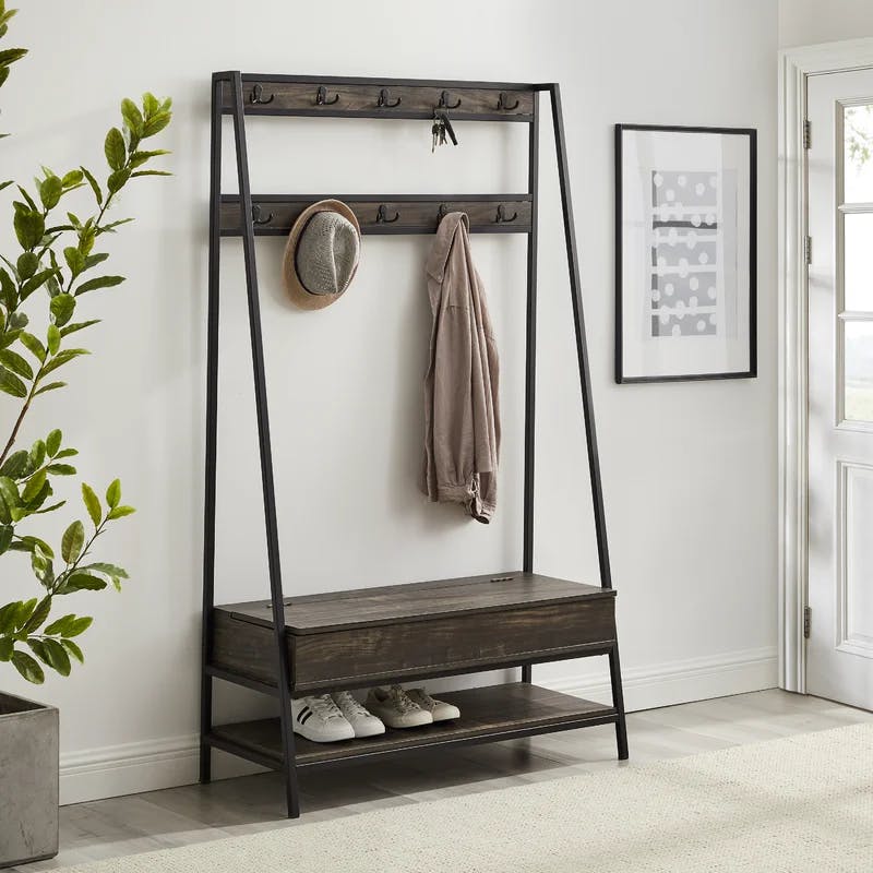 Jacobsen Industrial Brown Ash and Matte Black Hall Tree with Storage