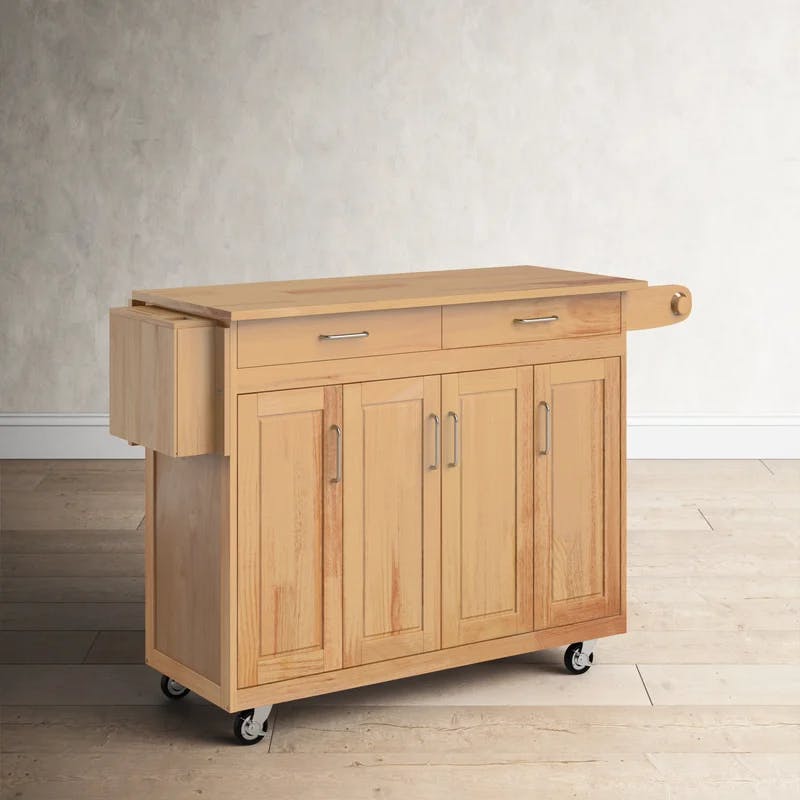 Natural Hardwood Rectangular Kitchen Cart with Adjustable Storage