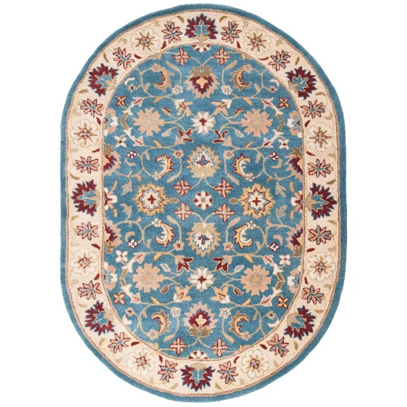 Elegant Blue and Beige Oval Wool Tufted Area Rug 7'6" x 9'6"
