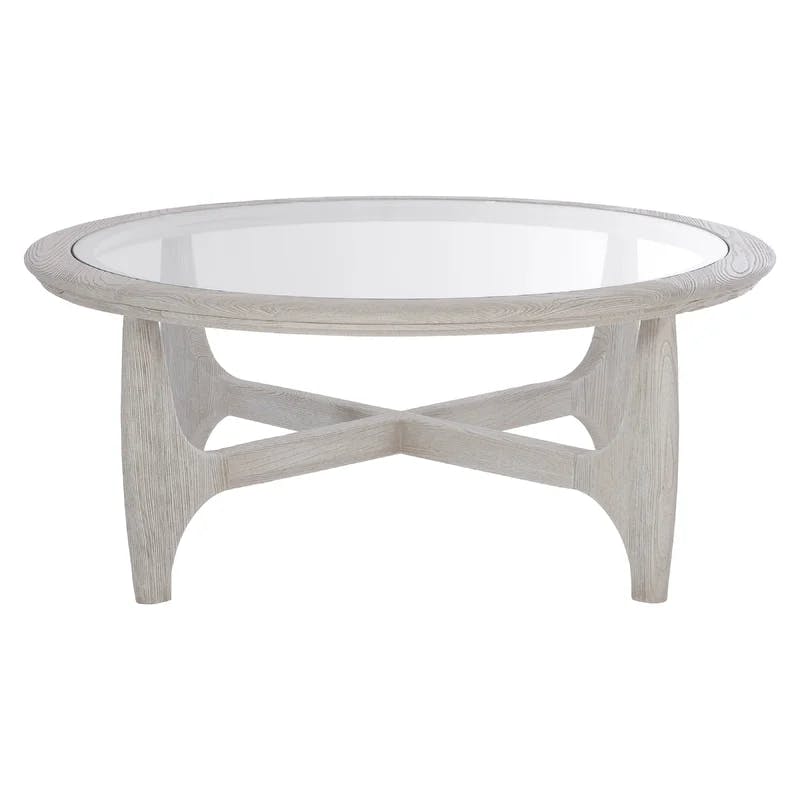 Transitional Beige Round Wood and Glass Coffee Table with Storage