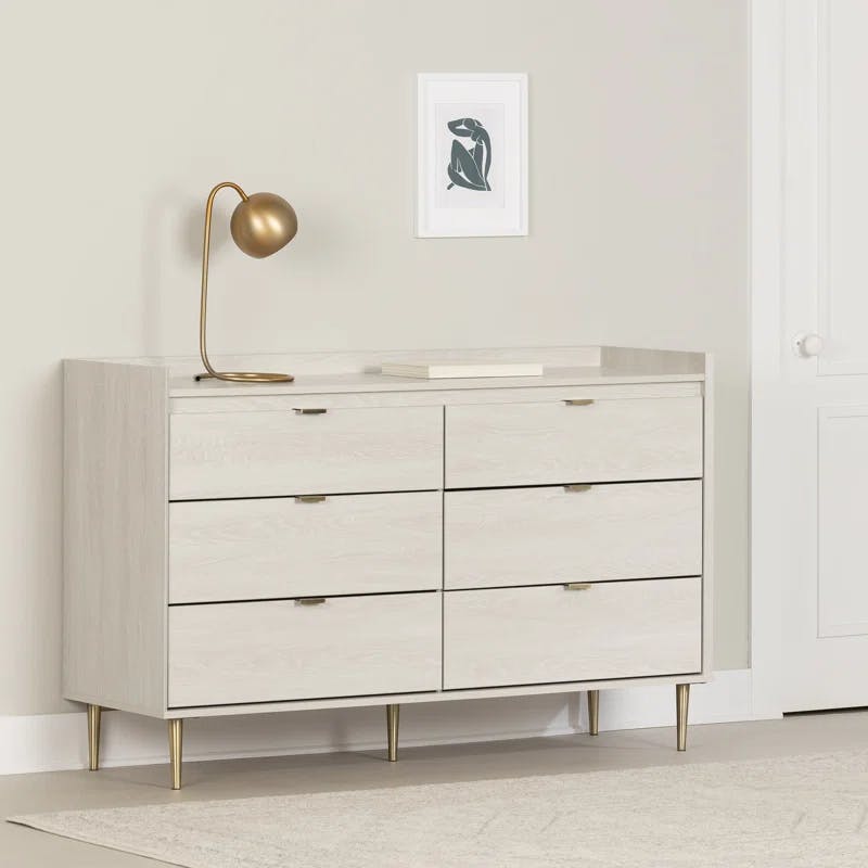 Winter Oak Glam Double Dresser with Brass Accents and Wide Storage