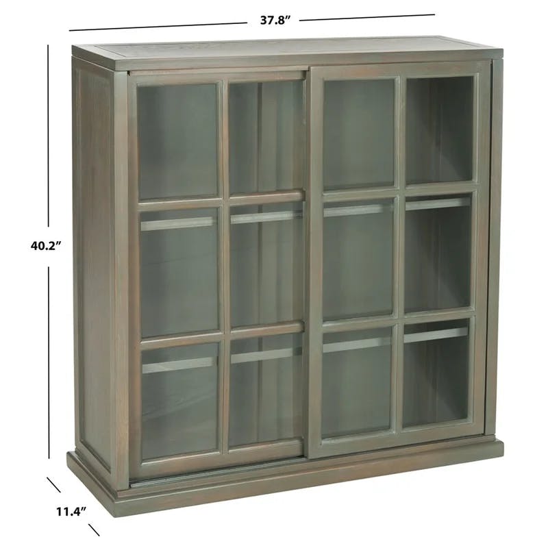 Transitional Gray Elm Wood 3-Tier Bookcase with Glass Doors