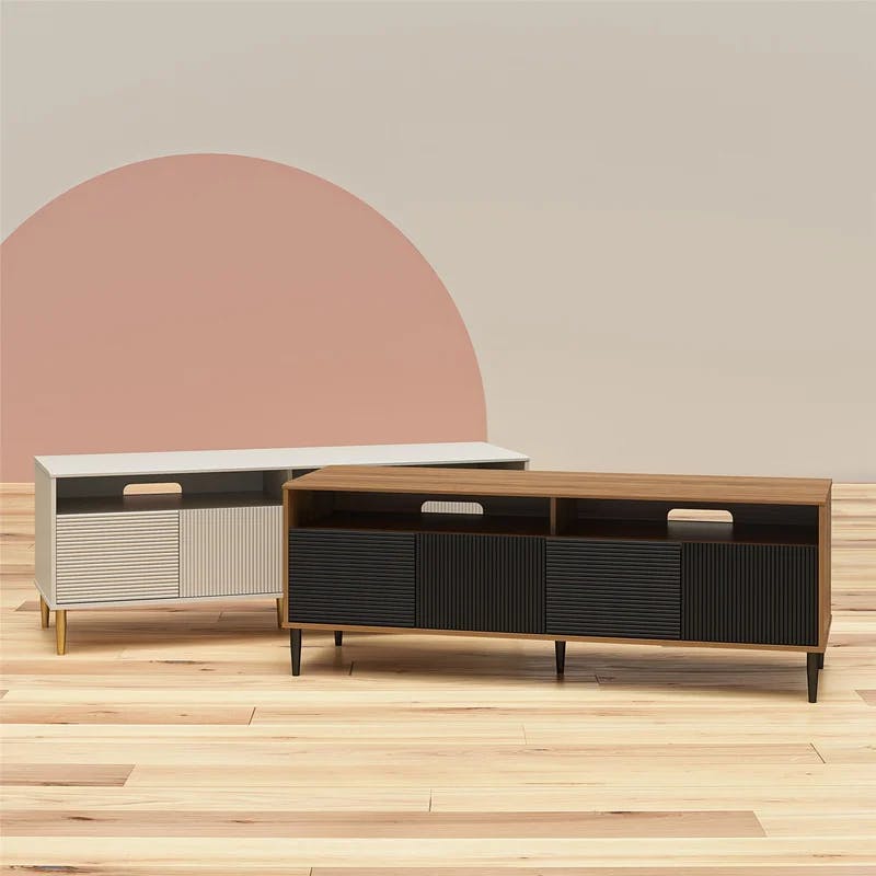 Daphne Walnut and Black Fluted Media Console with Cabinet