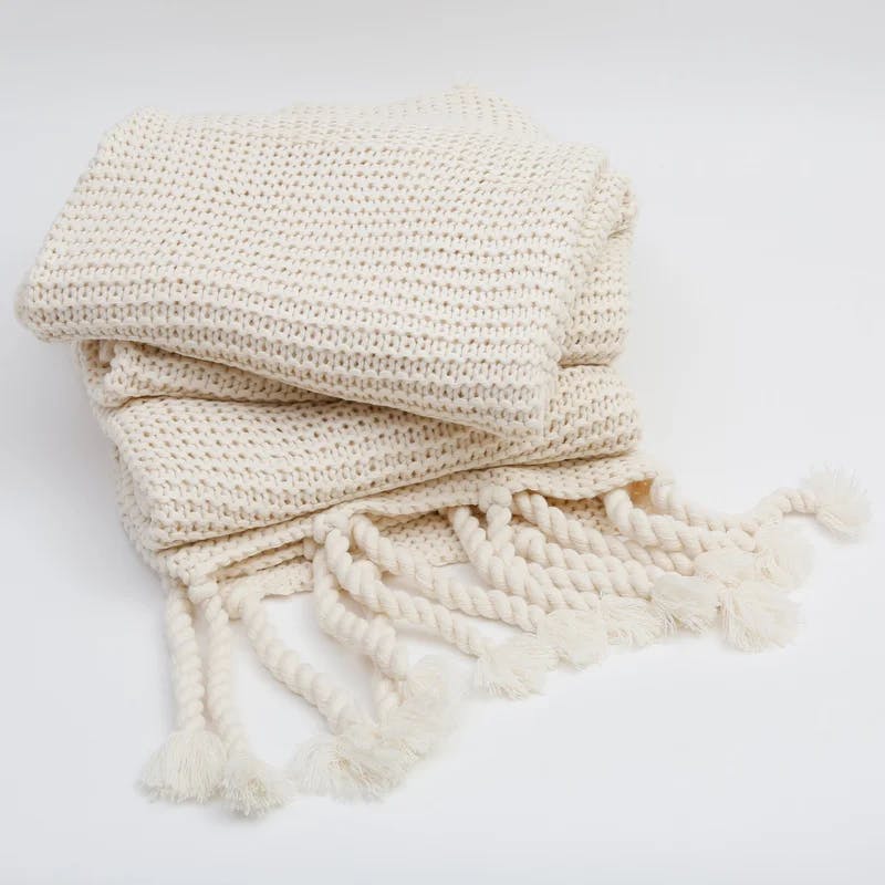 Trestles Chunky Knit Braided Tassel Throw - White