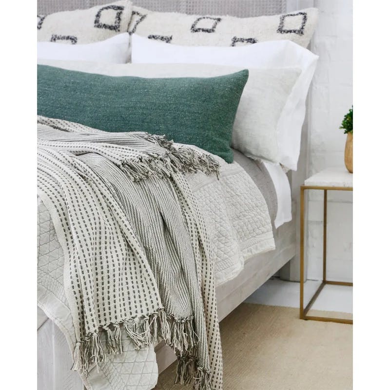 Ivory Moss Striped Cotton Oversized Throw with Tasseled Ends