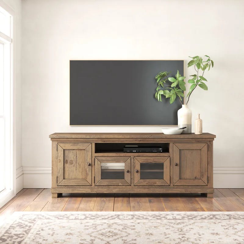 Weathered Gray Pine 74" Rustic Media Console with Glass Doors