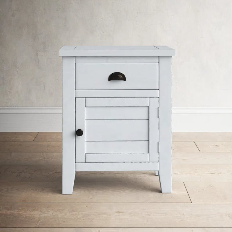 Transitional Weathered White Wood Accent Table with Storage
