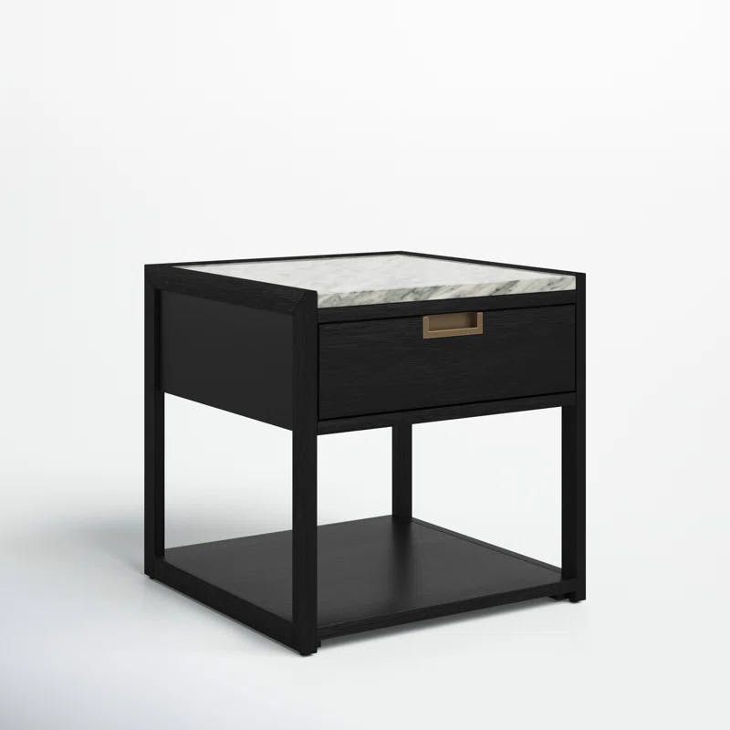 Adeline Black and White Marble Top Nightstand with Antique Brass Handle