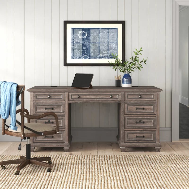 Transitional Dove Tail Grey Executive Desk with Power Outlet and Filing Cabinet