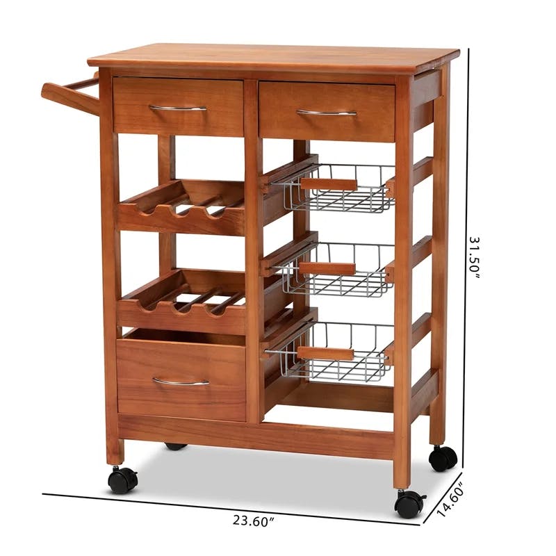 Crayton Oak Brown and Silver Mobile Kitchen Cart with Wine Storage