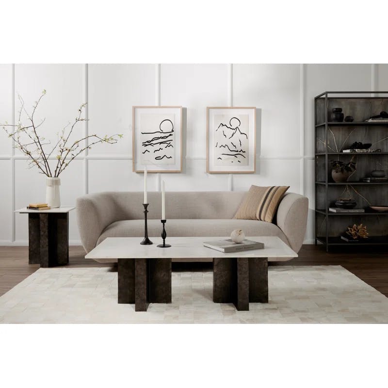 Contemporary Marlow Square End Table in Polished White Marble and Raw Black
