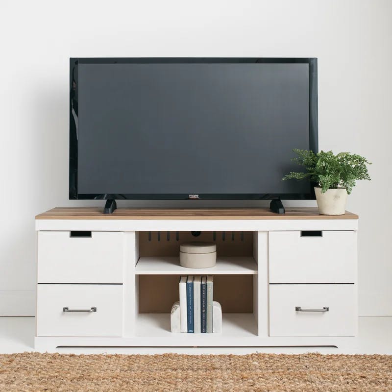 Transitional 60" White and Brown TV Stand with Fireplace Cabinet