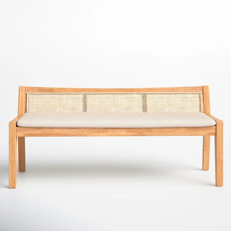 Elegant Natural Wood and Beige Linen Storage Bench with Rattan Back