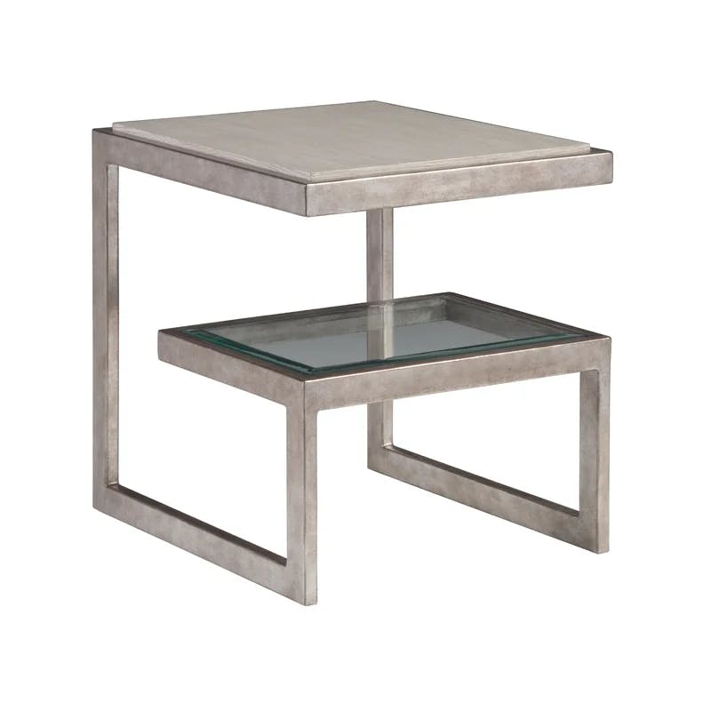 Contemporary Soiree Silver Leaf Rectangular End Table with Oak Top