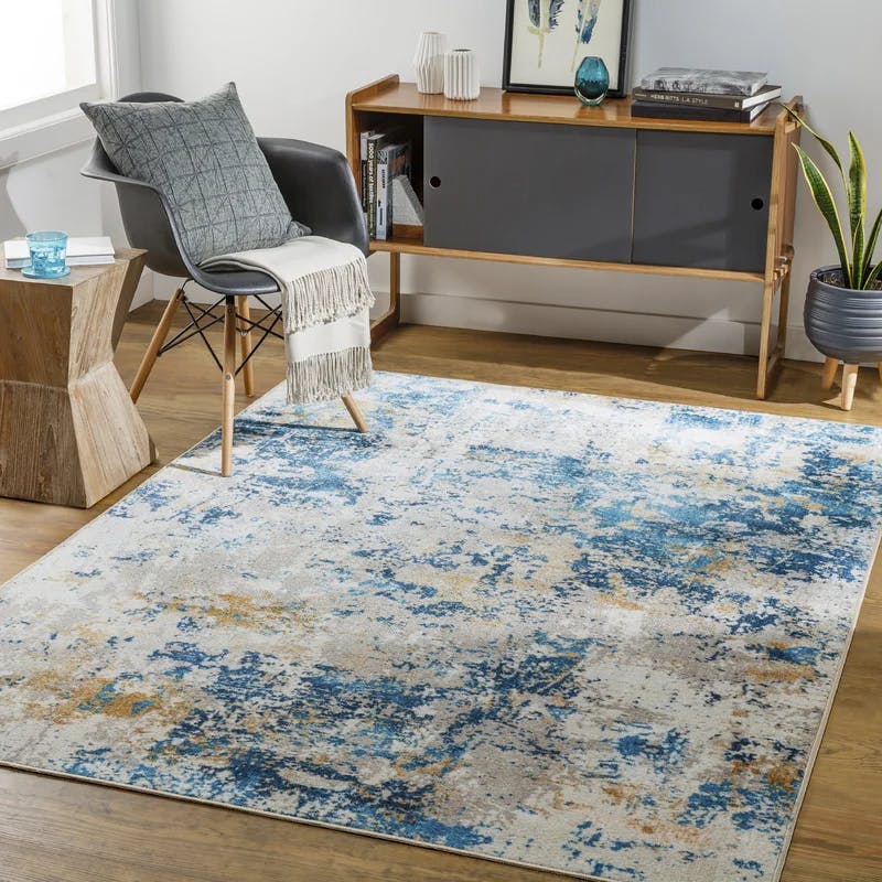 Abstract Blue Synthetic 4'3" x 5'11" Easy Care Rug