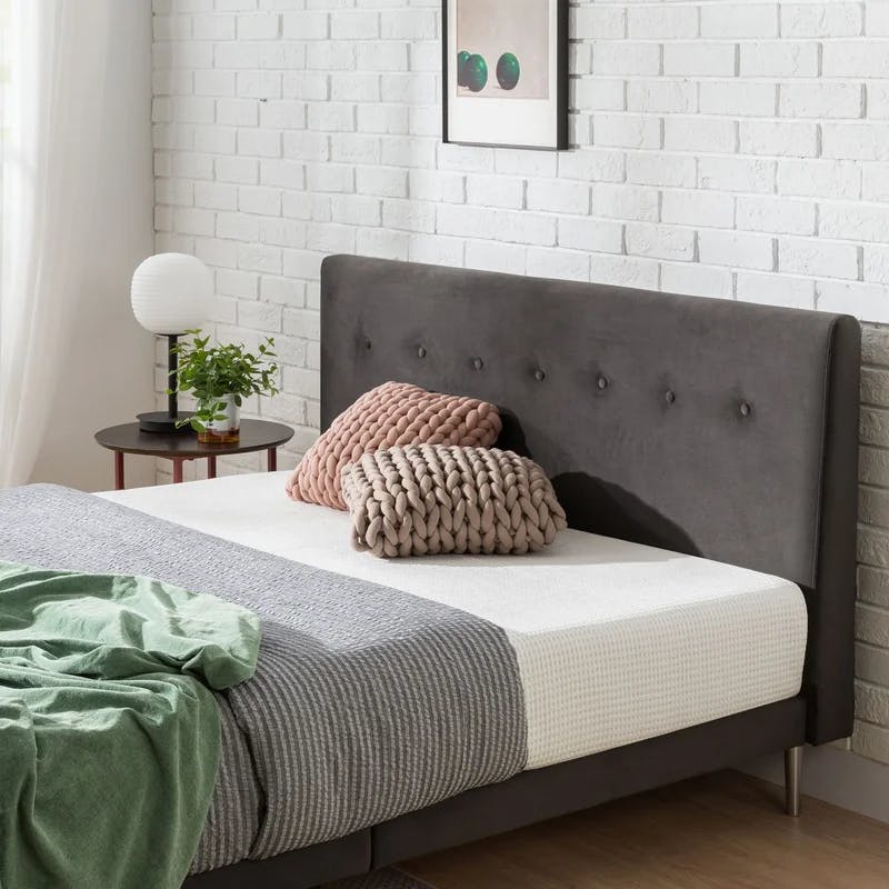 Charcoal Velvet Tufted Full Platform Bed with Tapered Metal Legs