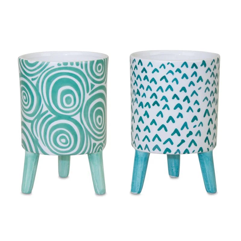 Teal & White Abstract Pattern Dolomite Mini Pot with Legs, Set of 6