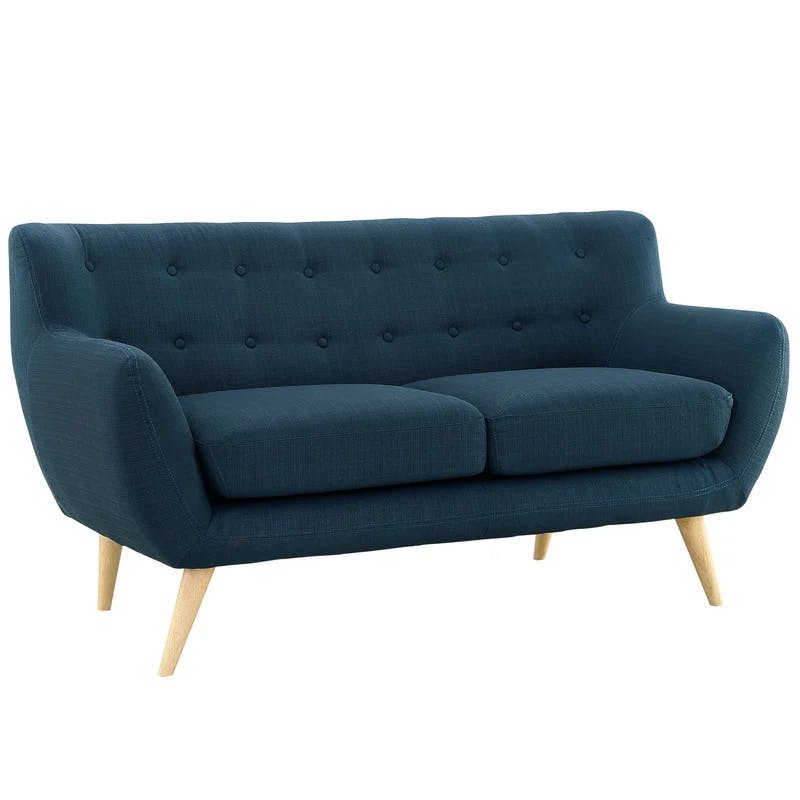 Azure Blue Tufted Fabric Loveseat with Solid Wood Legs