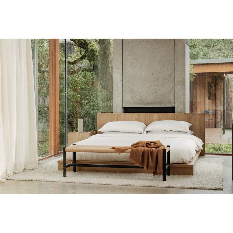 Mid-Century Modern Oak King Platform Bed with Natural Grain