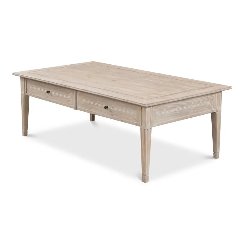 Pine Wood Rectangular Coffee Table with Storage and Parquet Inlay