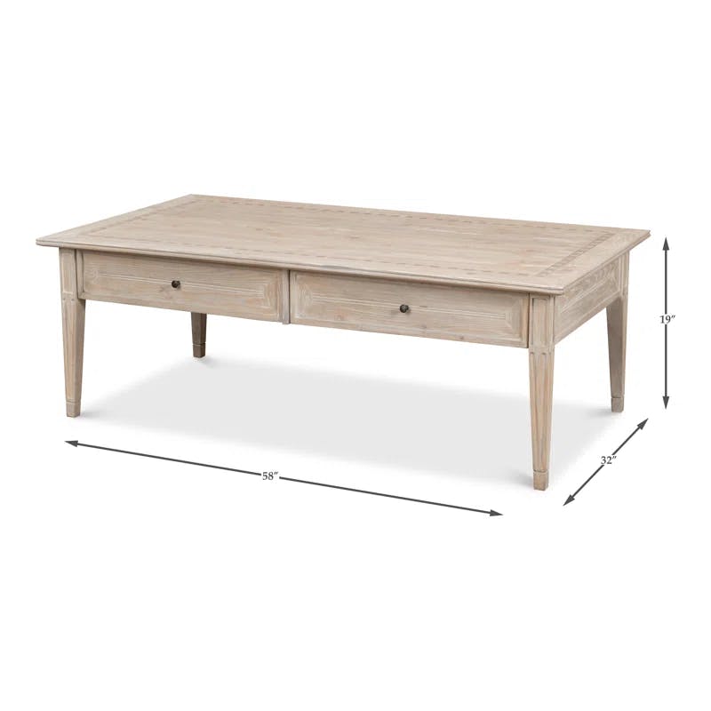 Pine Wood Rectangular Coffee Table with Storage and Parquet Inlay
