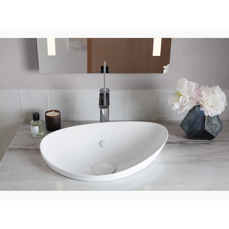 Veil Asymmetrical Oval Ceramic Vessel Bathroom Sink, White