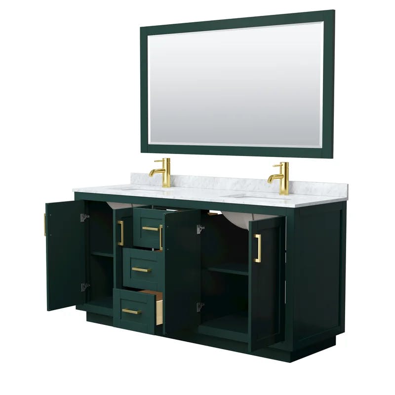 Miranda 66'' Green Double Bathroom Vanity with White Carrara Marble Top and Brushed Gold Trim