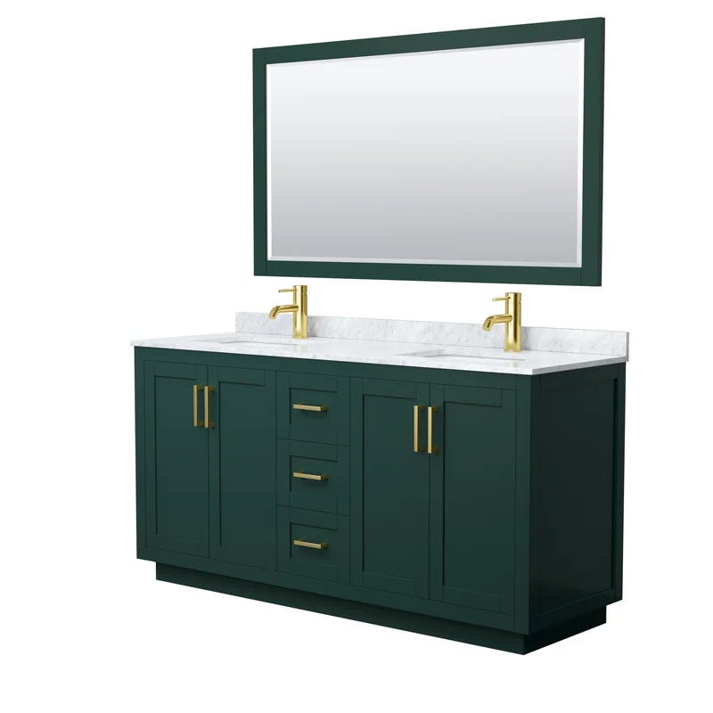 Miranda 66'' Green Double Bathroom Vanity with White Carrara Marble Top and Brushed Gold Trim