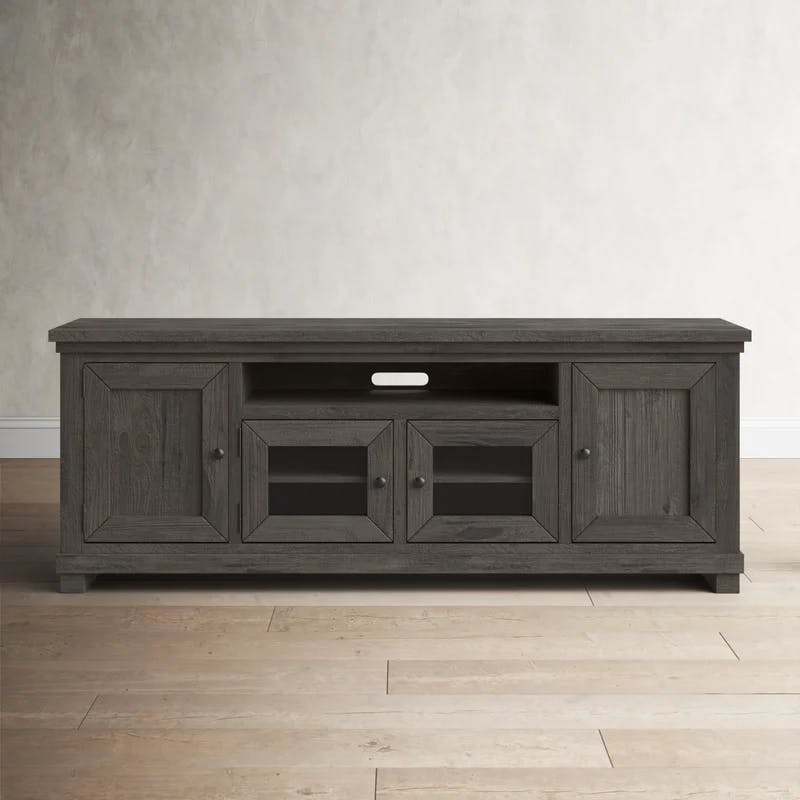 Transitional Gray 74" Solid Pine Media Console with Adjustable Shelves