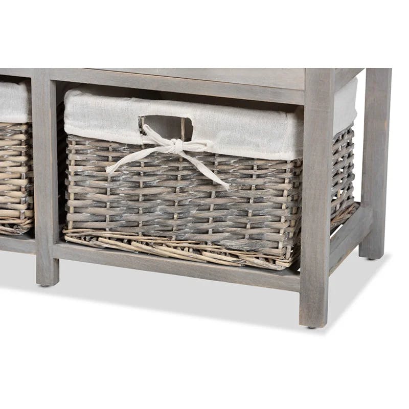 Mabyn Light Grey Wood & Wicker 3-Drawer Storage Bench