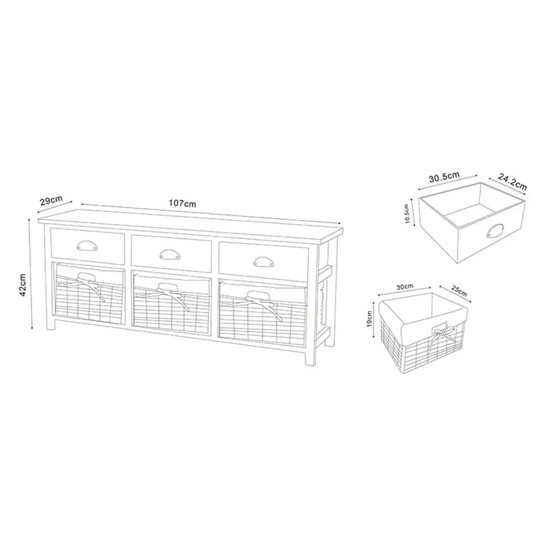 Mabyn Light Grey Wood & Wicker 3-Drawer Storage Bench