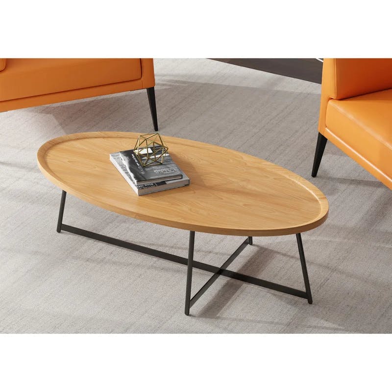 Gweneth Natural Wood Oval Coffee Table with Black Steel Base