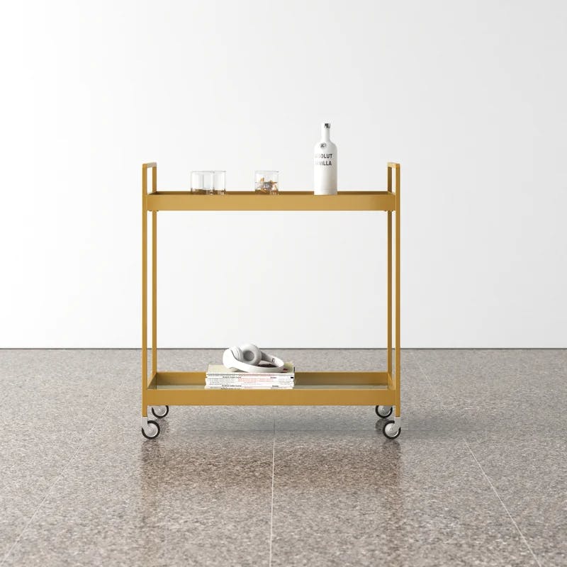 Glamourous Brass Finish Rectangular Bar Cart with Glass Shelves
